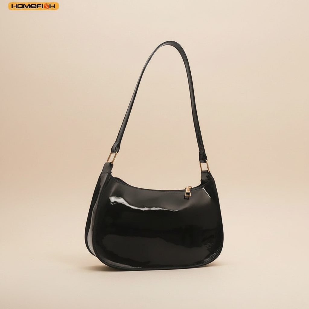 trylorixalx mini black faux leather shoulder bag with a smooth glossy finish and gold-tone hardware