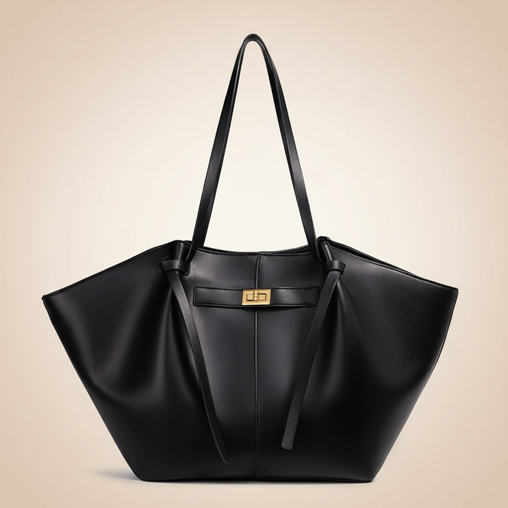 trylorixalx black oversized shoulder bag with a wide silhouette, long straps, and a gold-tone metal turn-lock closure