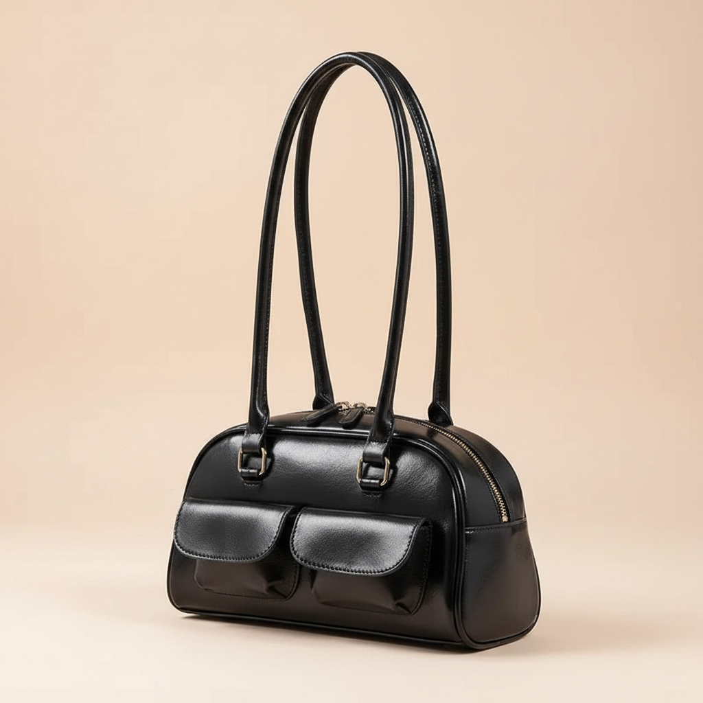 trylorixalx black vintage bowling shoulder bag with dual front pockets and long handles