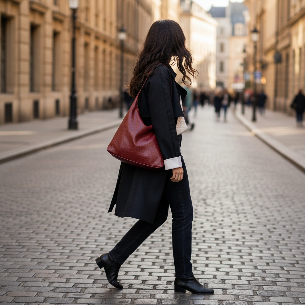 trylorixalx large burgundy retro tote bag carried by a woman walking on a cobblestone street in a city