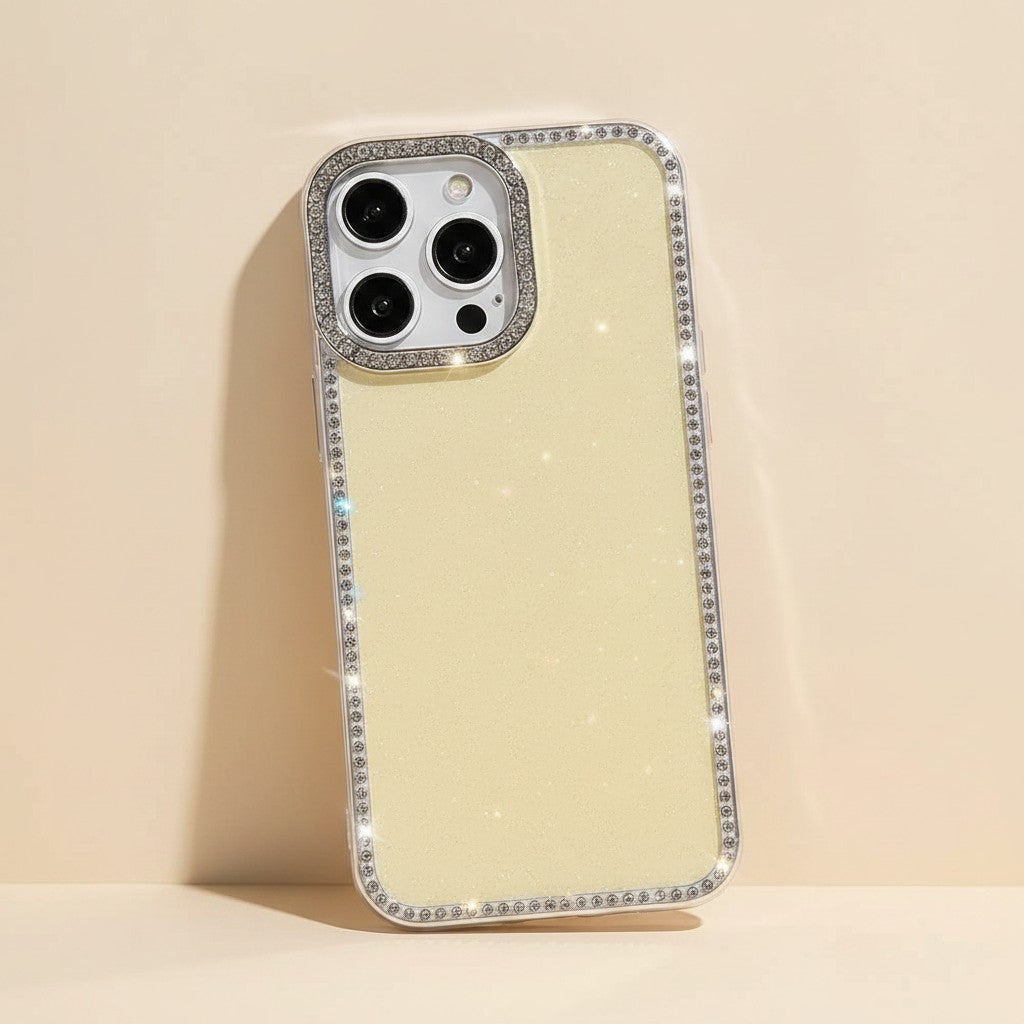 trylorixalx clear iPhone case with subtle glitter finish and sparkling crystal-embellished camera frame