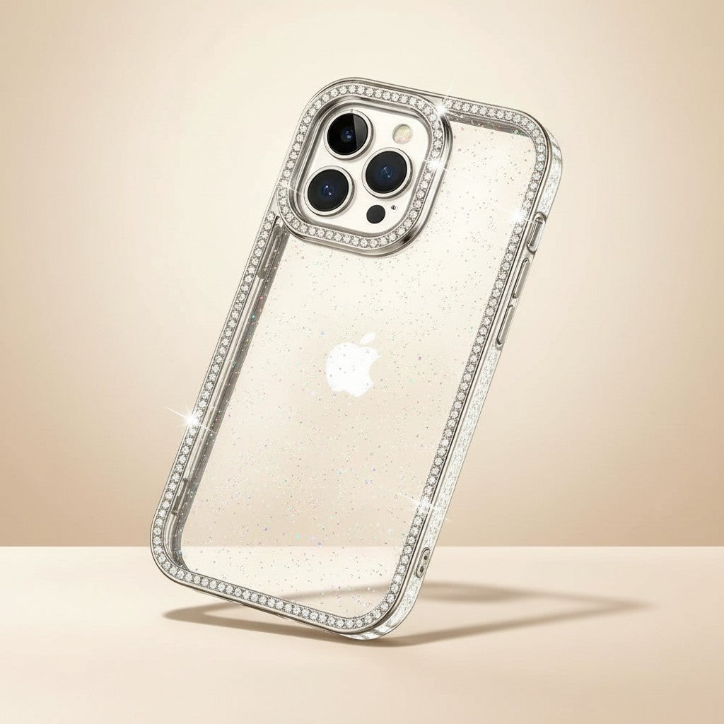 trylorixalx clear iPhone case with subtle glitter and a decorative crystal-embellished frame on a beige background