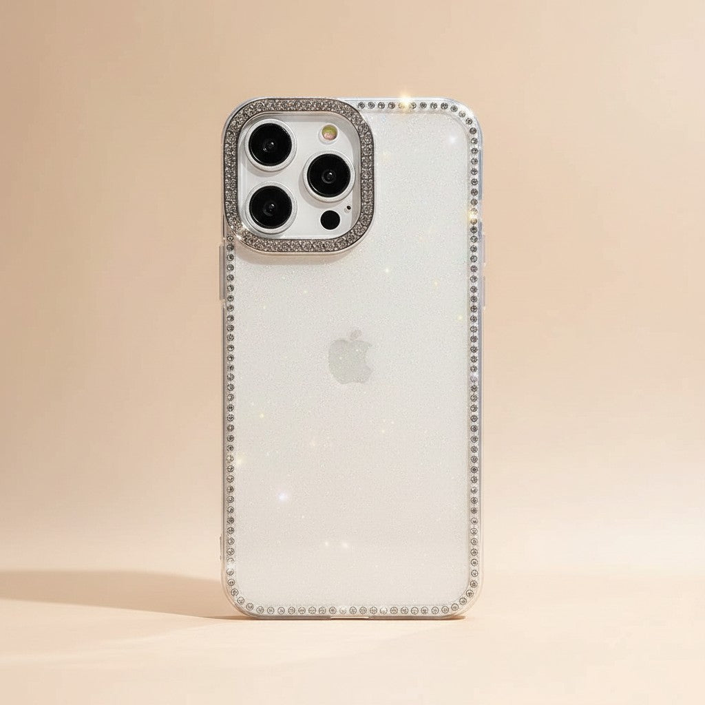 trylorixalx clear iPhone case with subtle glitter finish and rhinestone-encrusted camera bezel and edges
