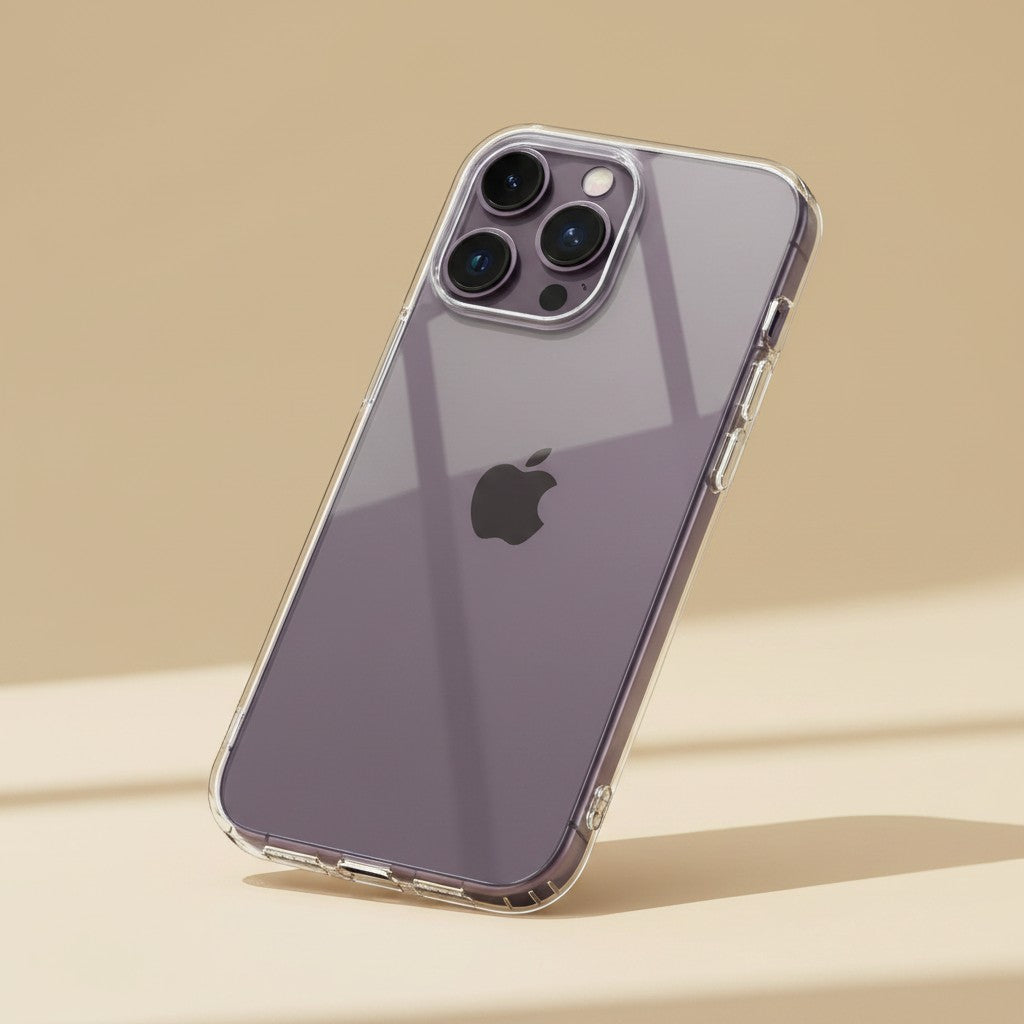 trylorixalx clear flexible protective case on a purple iPhone, showcasing a minimalist design on a beige background.