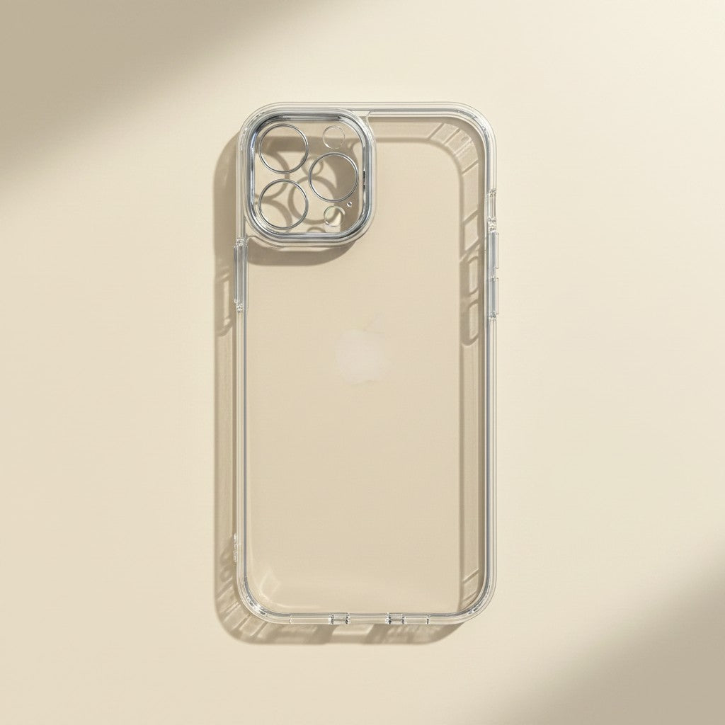 trylorixalx clear flexible iPhone case with camera lens protection for a minimalist look on a beige background