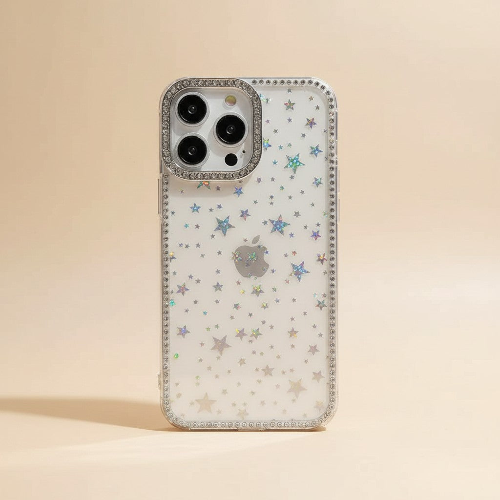 trylorixalx clear iPhone case with holographic star glitter and rhinestone-encrusted camera frame
