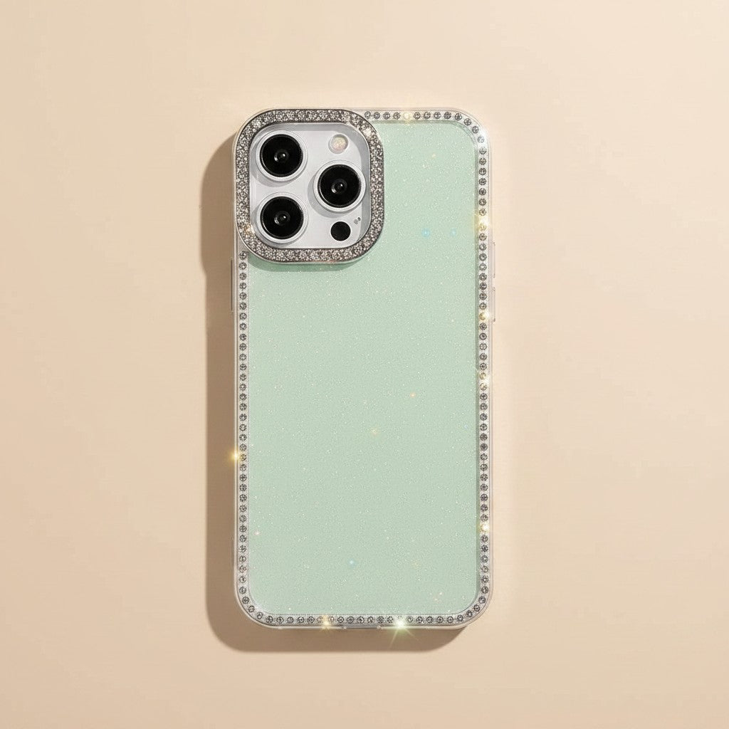trylorixalx clear glitter iPhone case with a sparkling crystal-encrusted camera bezel and frame on a beige background