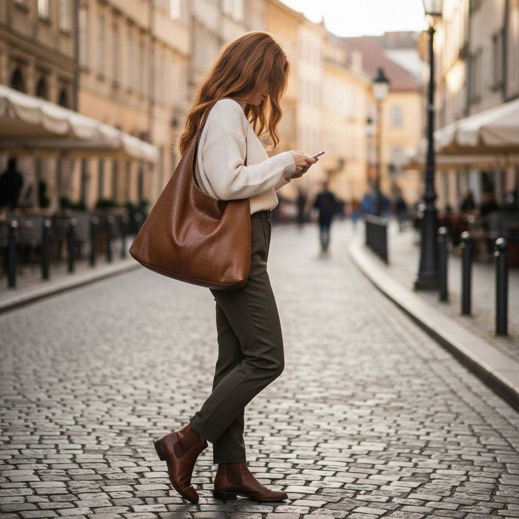 trylorixalx large retro-style burgundy leather tote bag carried by a woman walking on a cobblestone street