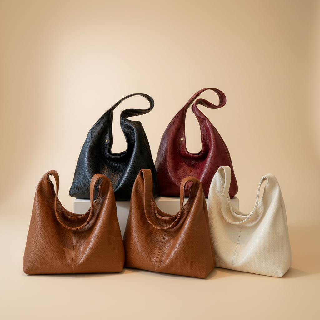 trylorixalx large retro tote bags in black, burgundy, brown, and ivory pebbled leather on a beige background