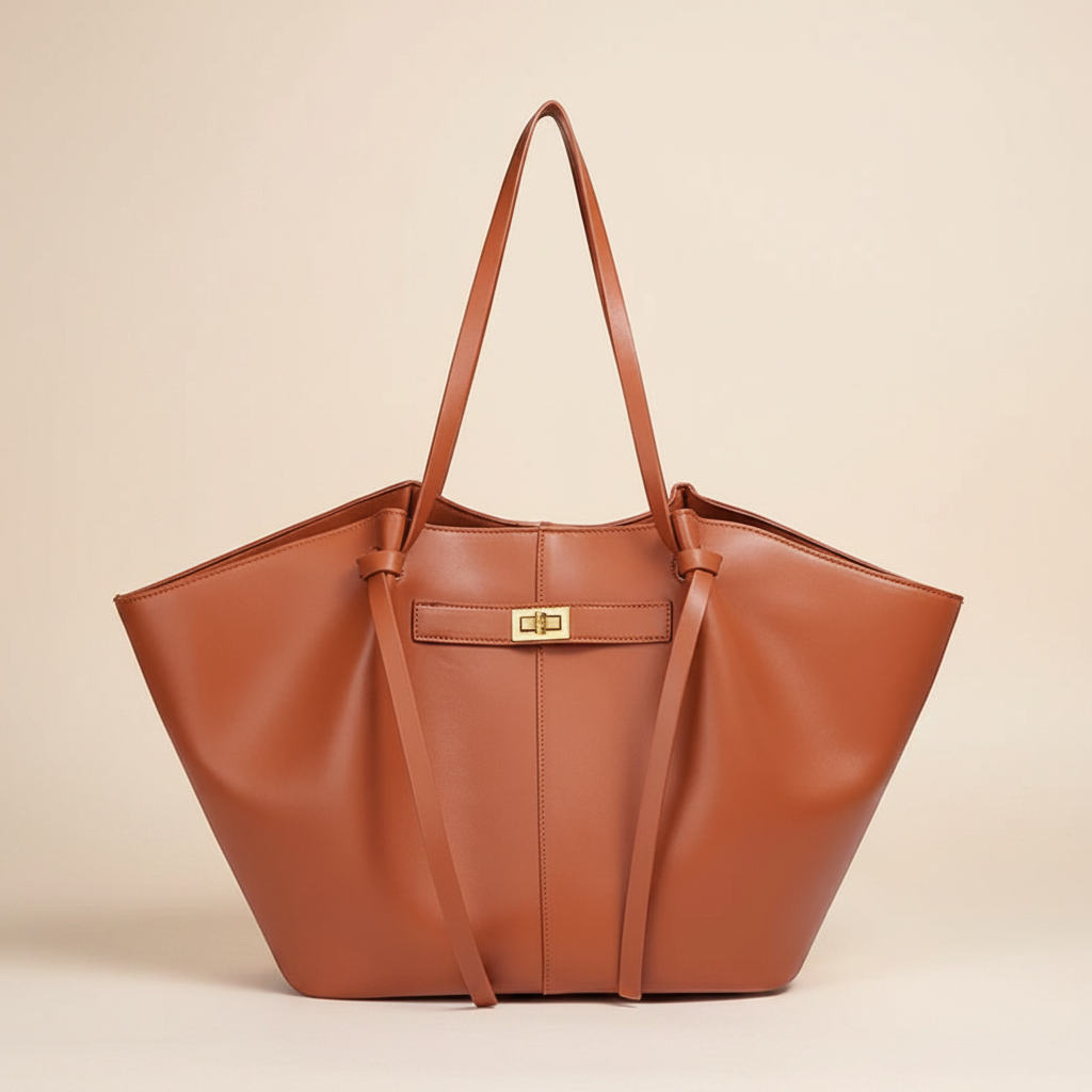 trylorixalx oversized brown leather shoulder bag with gold turn-lock closure and wide silhouette