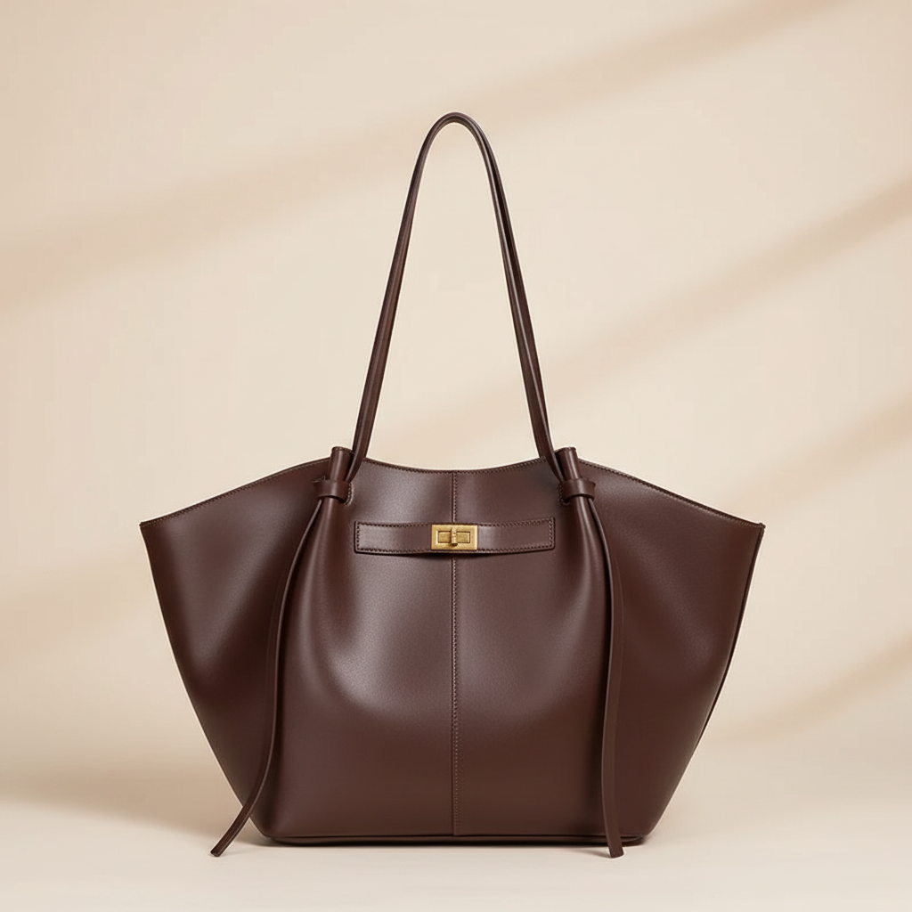 trylorixalx oversized dark brown shoulder bag with gold turn-lock closure and wide silhouette