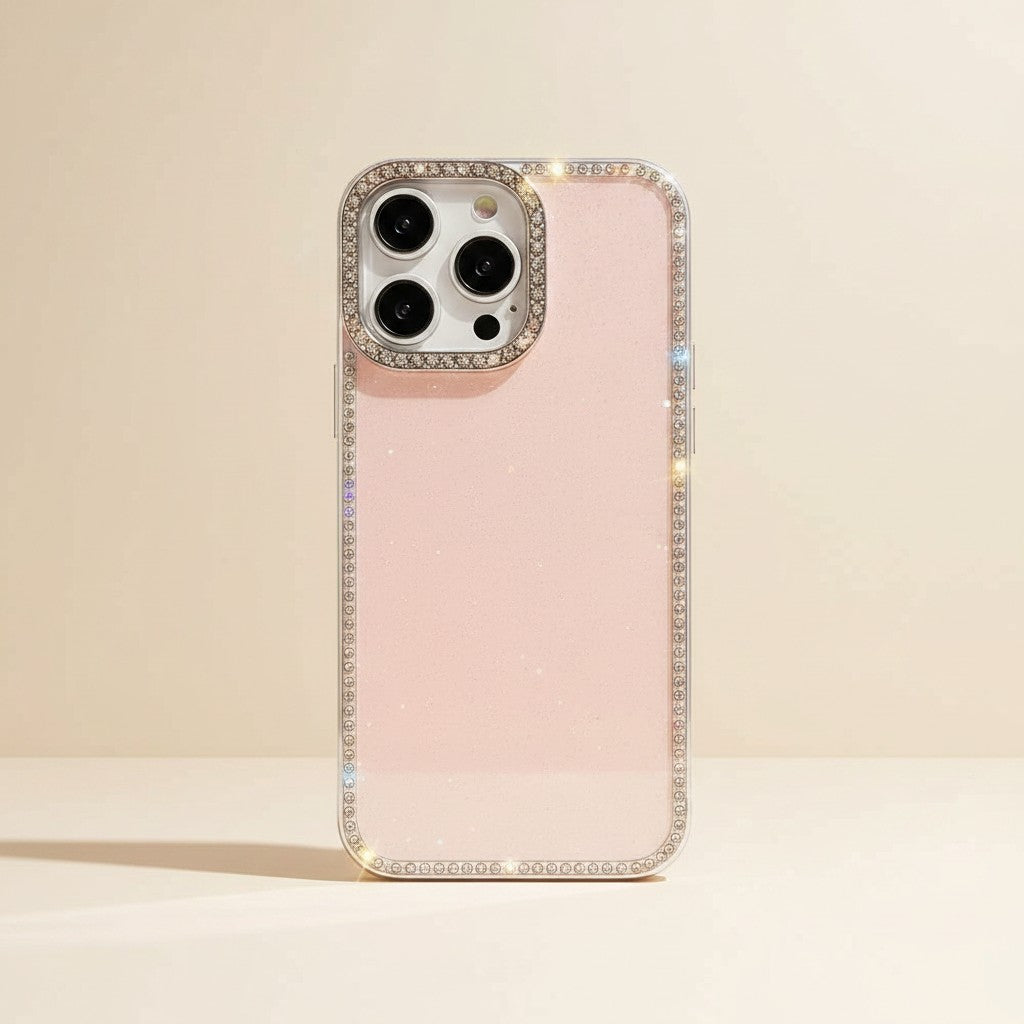 trylorixalx clear iPhone case with subtle pink glitter and a sparkling rhinestone-encrusted camera frame