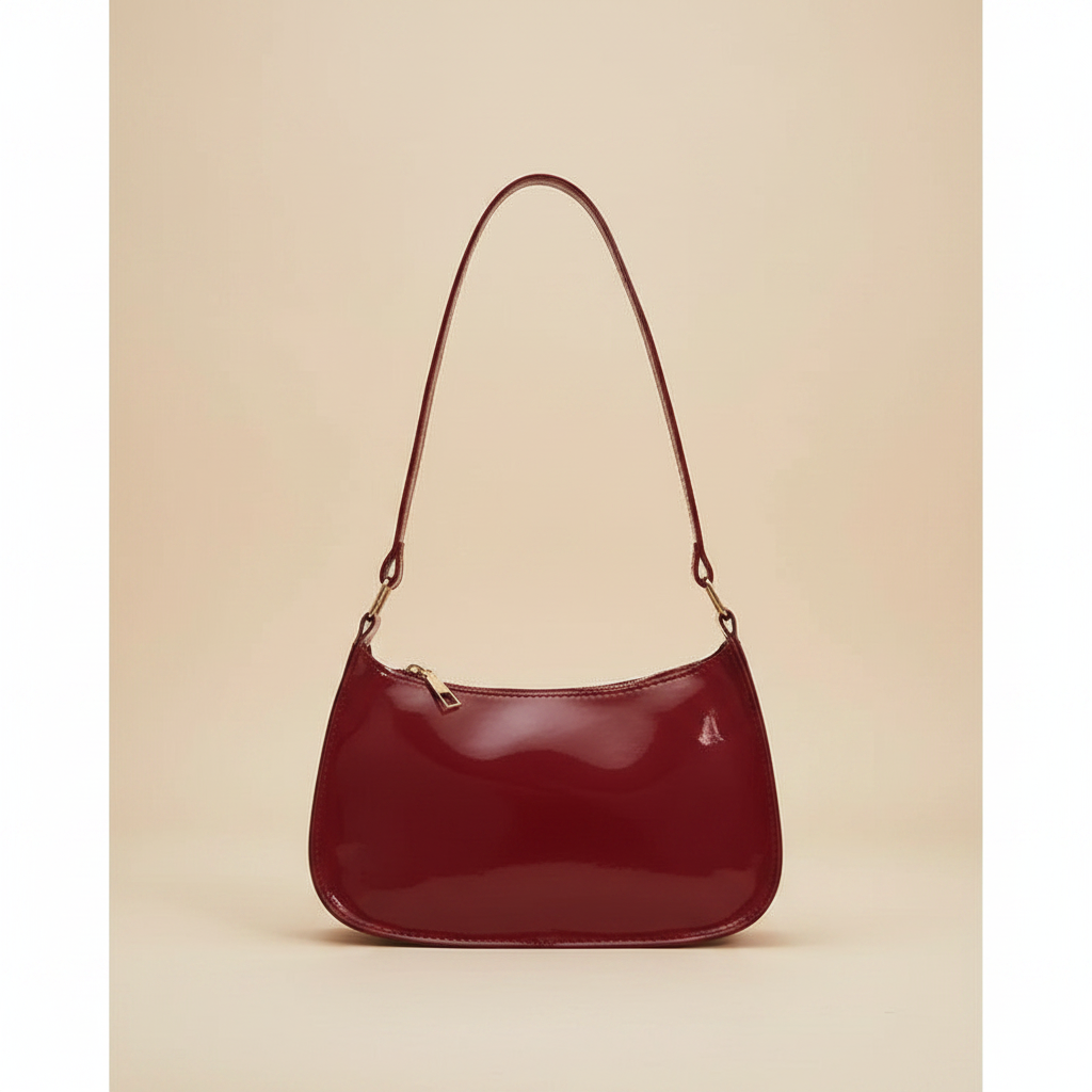 trylorixalx red mini faux leather shoulder bag with a smooth glossy finish and gold zipper detail