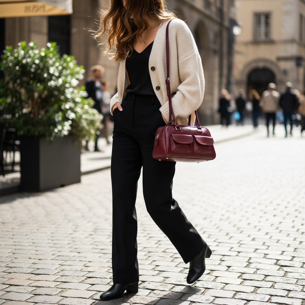 trylorixalx vintage style burgundy bowling shoulder bag carried by a woman in a cream cardigan and black trousers